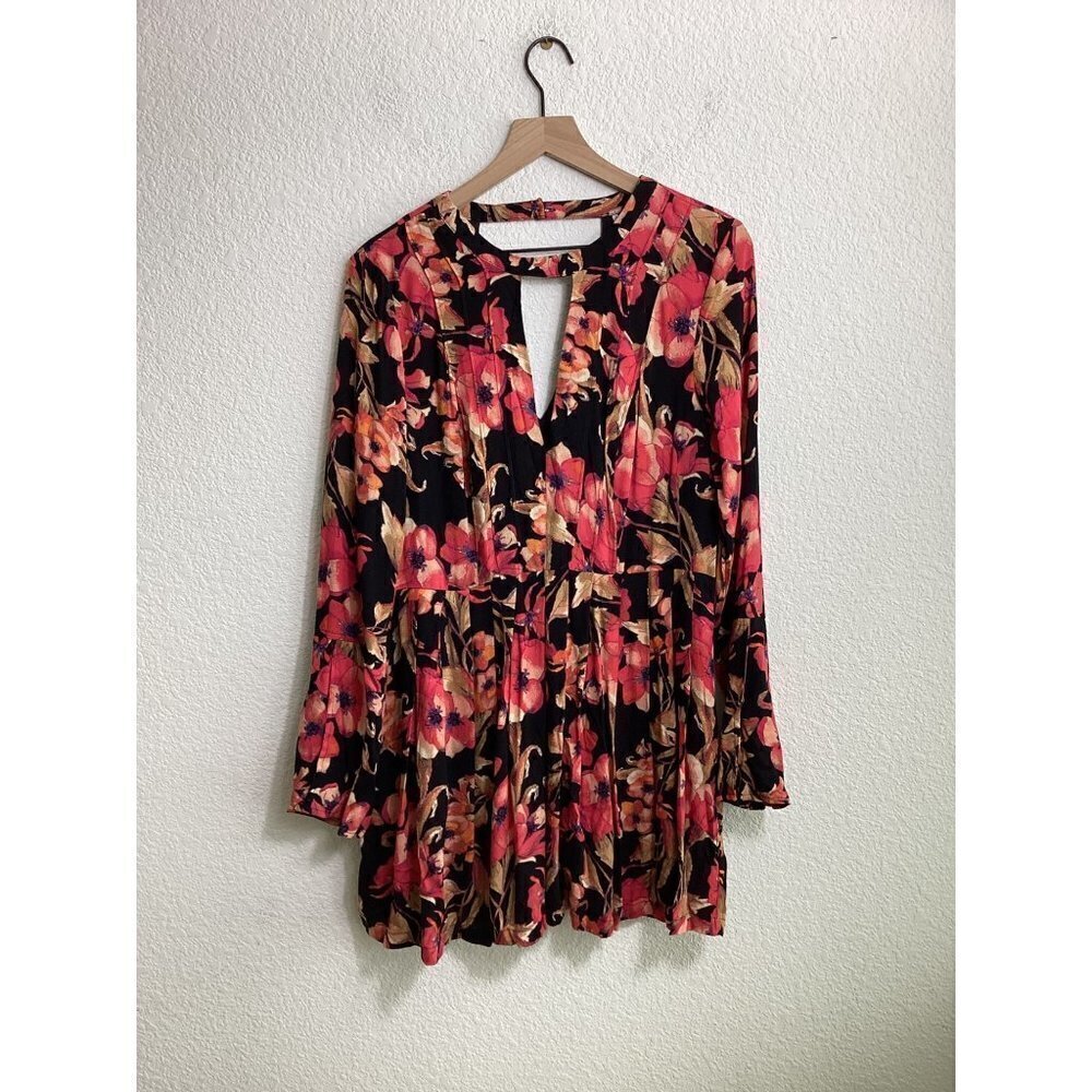 Free People Tegan Red Black Mini Dress Size 12 Bell Sleeves Pockets Boho Style - Picture 7 of 14